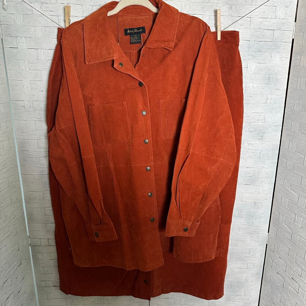 Ashley Stewart women's leather jacket skirt set vintage burnt orange plus size‎